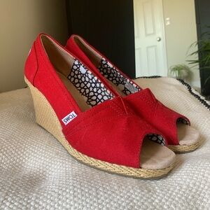 Toms Red Peep Toe Canvas Espadrilles